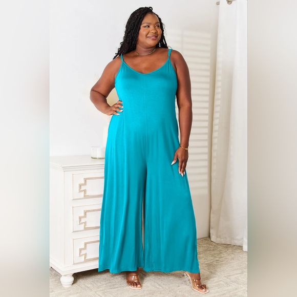 Double Take Full Size Soft Rayon Spaghetti Strap Tied Wide Leg Jumpsuit - Picture 3 of 5